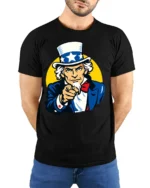 Vintage Uncle Sam I Want You Patriotic USA Graphic T Shirt - model wearing black tee with hands behind back