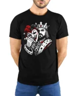 King Holding Joker Mask Dark Royal Graphic T Shirt Style - model wearing black tee with hands behind back