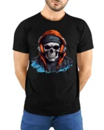 Urban Skull With Headphones Street Style Graphic T Shirt - model wearing black tee with hands behind back