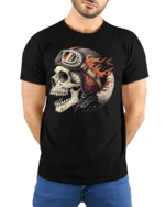 Flaming Biker Skull With Vintage Helmet Graphic T Shirt - model wearing black tee with hands behind back