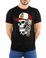 Street Rich Skull With Cash Stack Graphic T Shirt Urban Style - model wearing black tee with hands behind back