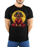 Zen Meditation Dog With Sunglasses Funny Graphic T Shirt - model wearing black tee with hands behind back