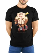 Cute Fantasy Warrior Mask Chibi Knight Graphic T Shirt - model wearing black tee with hands behind back