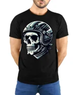 Skull Motorcycle Helmet Rider Graphic T Shirt Biker Style - model wearing black tee with hands behind back