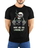 Funny Skeleton Smoking Cigar What Are You Looking At T Shirt - model wearing black tee with hands behind back