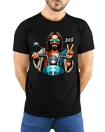 Funny Biker Jesus BRB Peace Sign Motorcycle Graphic T Shirt - model wearing black tee with hands behind back