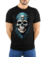 Vintage Pirate Skull Bandana Graphic T Shirt Dark Ocean Style - model wearing black tee with hands behind back