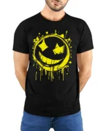 Grunge Smiley Face Graffiti Street Art Graphic T Shirt Style - model wearing black tee with hands behind back