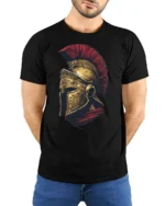 Vintage Roman Gladiator Helmet Warrior Graphic T Shirt Style - model wearing black tee with hands behind back