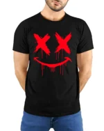 Creepy Dripping Smiley Face Horror Graffiti Graphic T Shirt - model wearing black tee with hands behind back