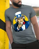 Vintage Uncle Sam I Want You Patriotic USA Graphic T Shirt - model wearing grey tee, leaning on column