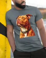 Realistic Pit Bull Dog Portrait Graphic T Shirt Dog Lover Style - model wearing grey tee, leaning on column