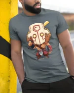 Cute Fantasy Warrior Mask Chibi Knight Graphic T Shirt - model wearing grey tee, leaning on column