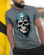 Vintage Pirate Skull Bandana Graphic T Shirt Dark Ocean Style - model wearing grey tee, leaning on column