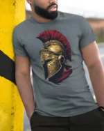 Vintage Roman Gladiator Helmet Warrior Graphic T Shirt Style - model wearing grey tee, leaning on column