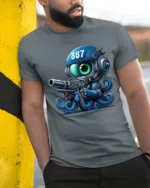 Sci Fi Octopus Space Soldier With Blaster Graphic T Shirt - model wearing grey tee, leaning on column