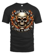 Ride To Live Live To Ride Flaming Skull Biker Graphic T Shirt - black t-shirt on white background