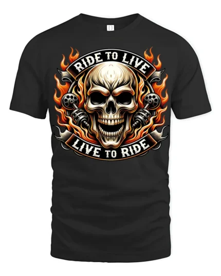 Ride To Live Live To Ride Flaming Skull Biker Graphic T Shirt - black t-shirt on white background