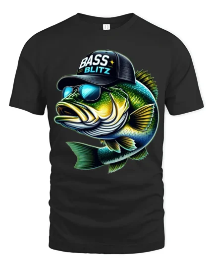 Bass Blitz Cool Fishing Bass With Sunglasses Graphic T Shirt - black t-shirt on white background