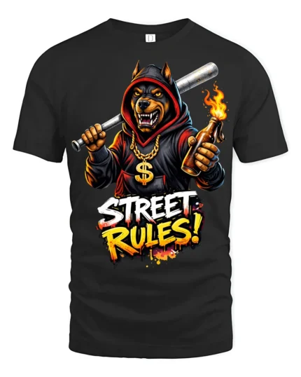 Street Rules Angry Doberman Urban Graffiti Graphic T Shirt - black t-shirt on white background
