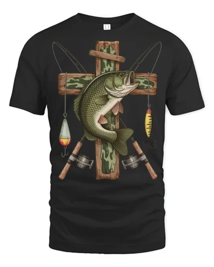 Vintage Bass Fishing Cross Angler Graphic Outdoor T Shirt - black t-shirt on white background