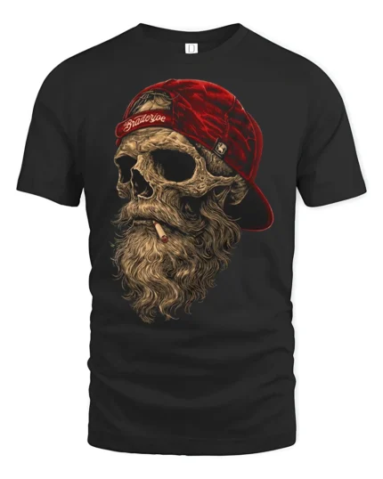 Bearded Skull With Red Cap Rebel Biker Graphic T Shirt - black t-shirt on white background