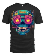 Neon Cyberpunk Skull With Star Eyes Retro Futuristic Graphic T Shirt - black t-shirt on white background