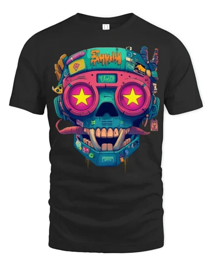 Neon Cyberpunk Skull With Star Eyes Retro Futuristic Graphic T Shirt - black t-shirt on white background