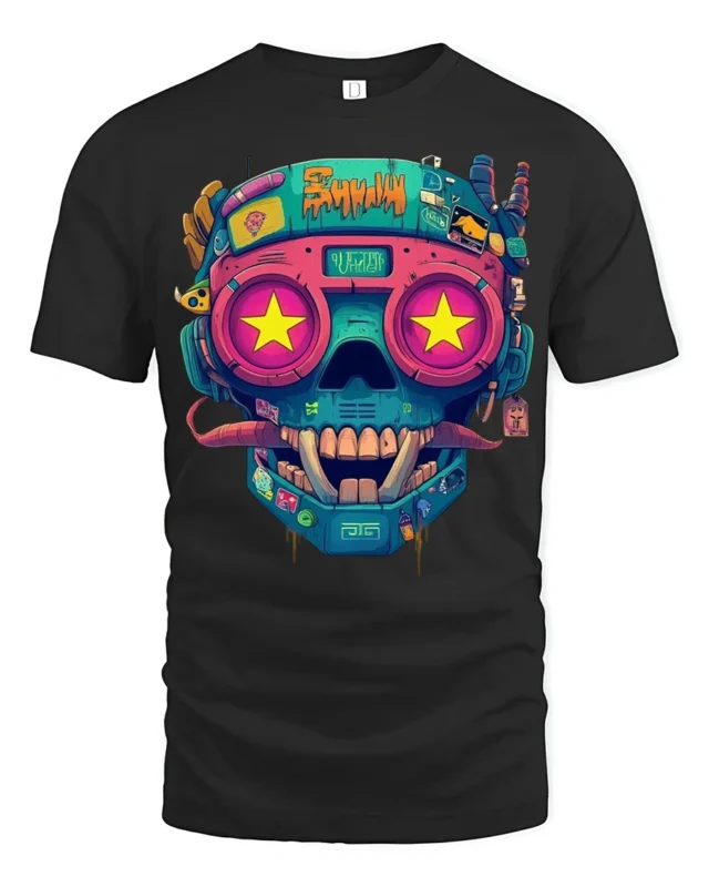 Neon Cyberpunk Skull With Star Eyes Retro Futuristic Graphic T Shirt - black t-shirt on white background
