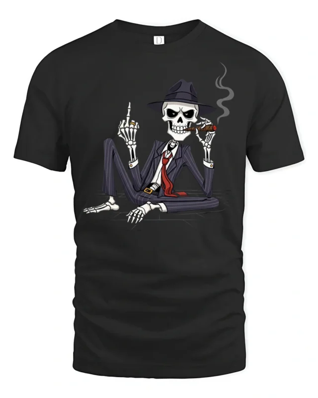 Gangster Skeleton With Cigar Dark Humor Graphic T Shirt - black t-shirt on white background