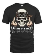 Who Cares Skull Rebel Attitude Graphic Biker Style T Shirt - black t-shirt on white background