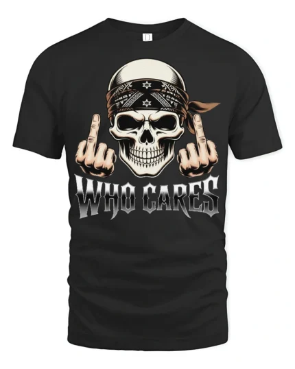 Who Cares Skull Rebel Attitude Graphic Biker Style T Shirt - black t-shirt on white background