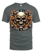 Ride To Live Live To Ride Flaming Skull Biker Graphic T Shirt - gray t-shirt on white background