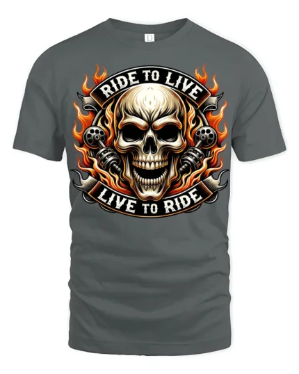 Ride To Live Live To Ride Flaming Skull Biker Graphic T Shirt - gray t-shirt on white background