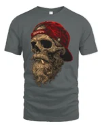 Bearded Skull With Red Cap Rebel Biker Graphic T Shirt - gray t-shirt on white background