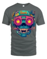 Neon Cyberpunk Skull With Star Eyes Retro Futuristic Graphic T Shirt - gray t-shirt on white background