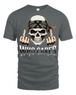 Who Cares Skull Rebel Attitude Graphic Biker Style T Shirt - gray t-shirt on white background