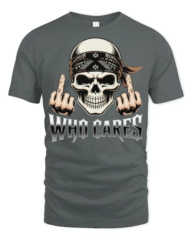 Who Cares Skull Rebel Attitude Graphic Biker Style T Shirt - gray t-shirt on white background