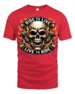 Ride To Live Live To Ride Flaming Skull Biker Graphic T Shirt - red t-shirt on white background
