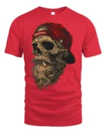 Bearded Skull With Red Cap Rebel Biker Graphic T Shirt - red t-shirt on white background
