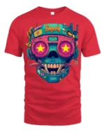 Neon Cyberpunk Skull With Star Eyes Retro Futuristic Graphic T Shirt - red t-shirt on white background