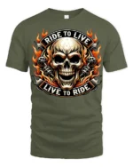Ride To Live Live To Ride Flaming Skull Biker Graphic T Shirt - military green t-shirt on white background