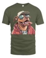 Cool Pitbull Dog With Sunglasses Urban Style Graphic T Shirt - military green t-shirt on white background