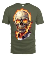 Flaming Skull Fire Eyes Dark Horror Graphic T Shirt - military green t-shirt on white background