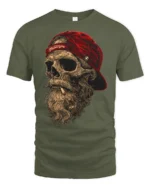 Bearded Skull With Red Cap Rebel Biker Graphic T Shirt - military green t-shirt on white background