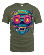 Neon Cyberpunk Skull With Star Eyes Retro Futuristic Graphic T Shirt - military green t-shirt on white background
