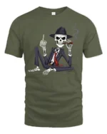 Gangster Skeleton With Cigar Dark Humor Graphic T Shirt - military green t-shirt on white background