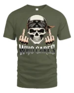Who Cares Skull Rebel Attitude Graphic Biker Style T Shirt - military green t-shirt on white background