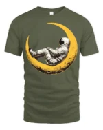 Dreaming Astronaut Resting On Moon Space Art Graphic T Shirt - military green t-shirt on white background