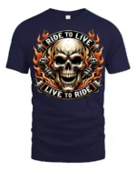 Ride To Live Live To Ride Flaming Skull Biker Graphic T Shirt - navy t-shirt on white background